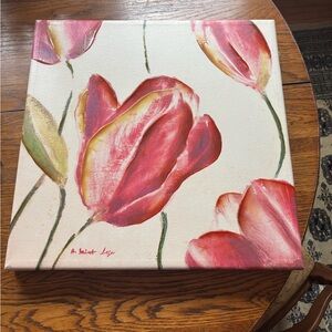 Floral Canvas Art with Pink Tulips 18” Square
